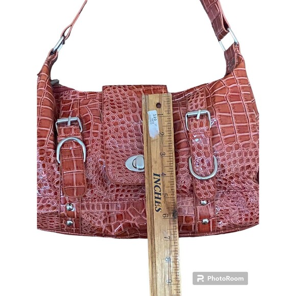 Orange Alligator Embossed Hobo Shoulder Bag Handbag Pockets Glossy Patent Finish - Picture 9 of 16